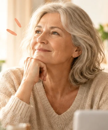 Une femme souriante prend le temps de réfléchir