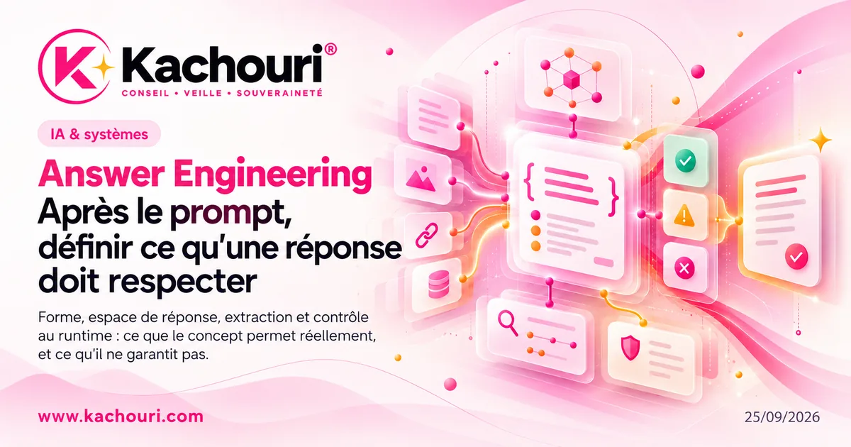 Visuel éditorial Kachouri consacré à l'Answer Engineering, avec le nouveau logo et une illustration de flux de réponse structurée.