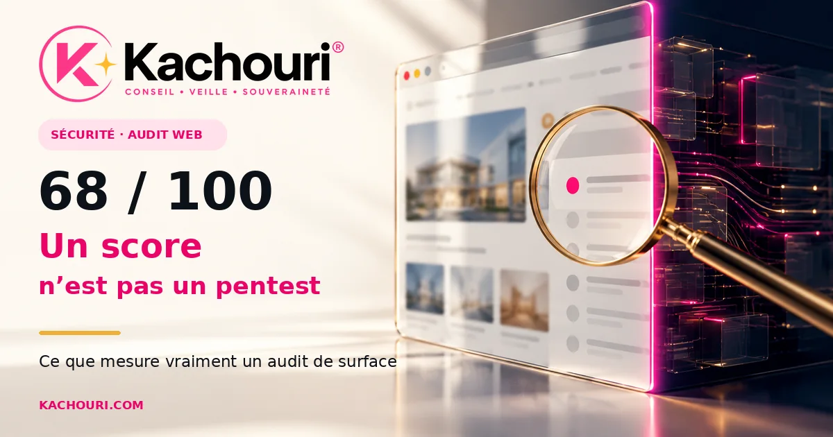 Un score RoastMyUrl de 68 sur 100 mis en regard d'un pentest pour expliquer la différence entre diagnostic de surface et test d'intrusion.