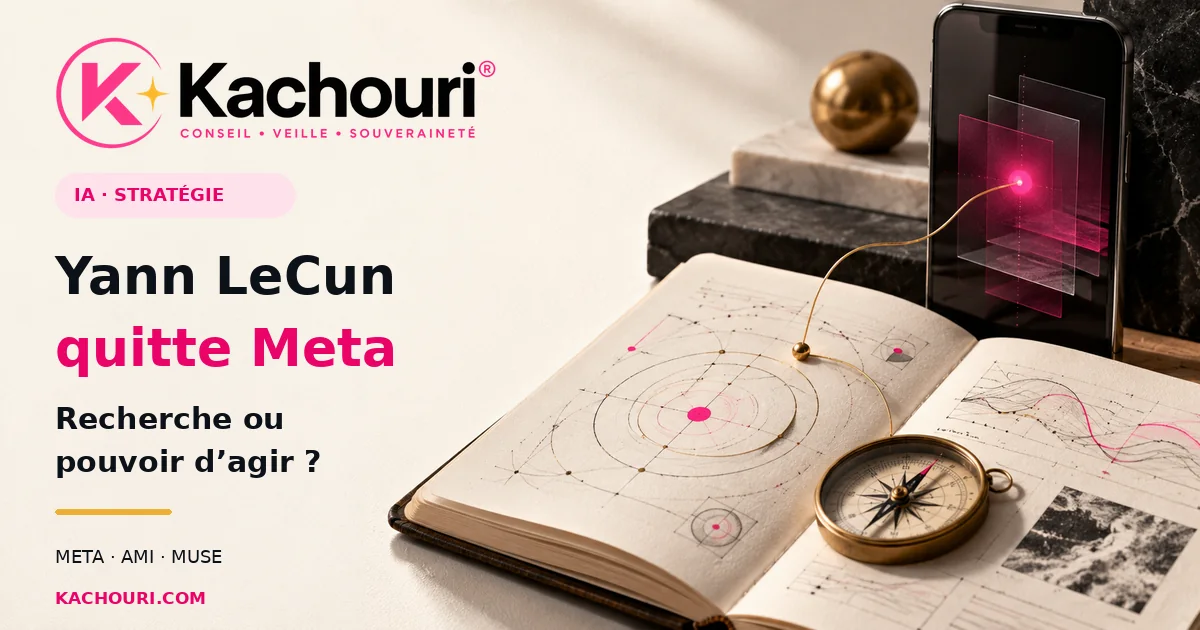 Carnet de recherche et boussole reliés à un agent sur un écran, dans la charte rose, noire et or Kachouri.